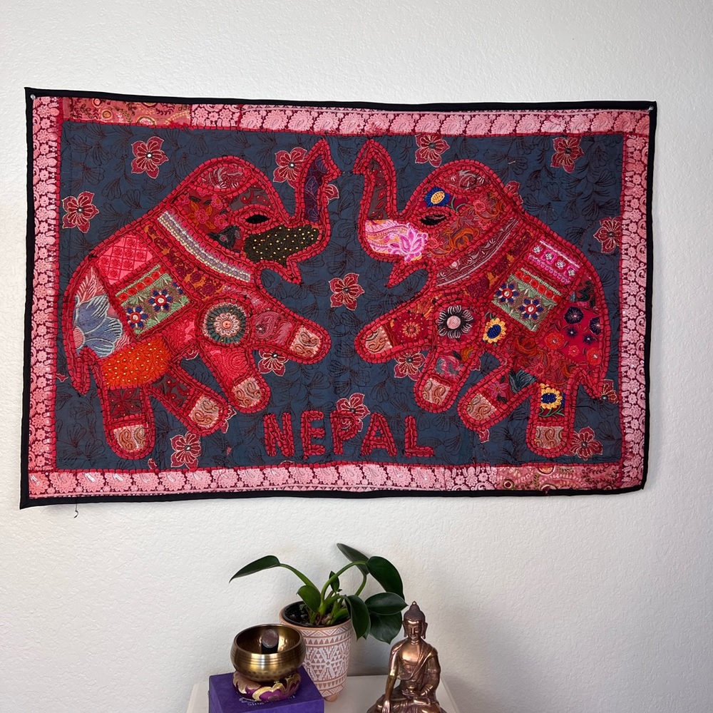 Vintage Elephant Tapestry Handmade Patchwork Art